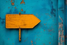 Vintage Yellow Arrow Sign On A Vibrant, Weathered Blue Wall Indicating Direction With Peeling Paint