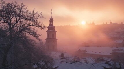 Sticker - Beautiful historical buildings in winter with snow and fog in Prague city in Czech Republic in Europe.