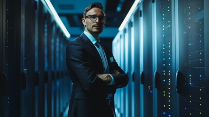 Aufkleber - Male businessman in data center focused on strategic planning and management of data storage and protection processes, developing effective strategies to ensure security and availability information