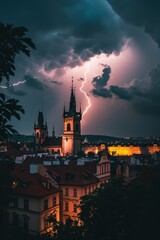 Sticker - Thunderstorm over Prague city in Czech Republic in Europe.