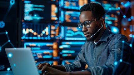 Poster - An Internet IT specialist in a data center uses his laptop and PC to develop software to ensure the protection and storage of information in cloud storage. Futuristic look