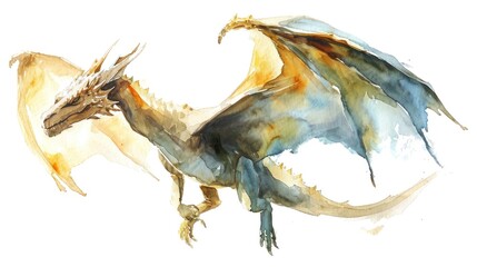 Wall Mural - Watercolor drawing of dragon over white background.