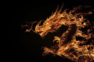 Wall Mural - A dragon made from fire and lights over black background.