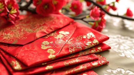 Wall Mural - Close-up view of red envelope, or red pack, Hongbao, on table during Chinese lunar new year celebration.