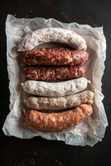 Wall Mural - A selection of various cured sausages on parchment paper on a dark surface.