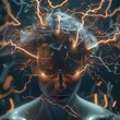 A dramatic portrayal of a person experiencing a migraine, with lightning bolts around the head representing pain