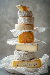 Sticker - A variety of gourmet cheeses stacked in a towering assortment on a plate.