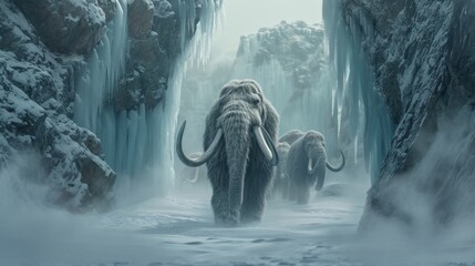 Wall Mural - a group of mammoth walking in snow field in freezing winter.