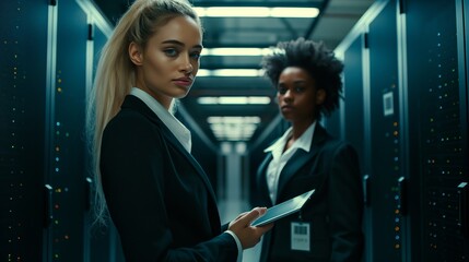 Poster - Two female IoT specialists in the data center use their expertise to analyze and improve network infrastructure, jointly developing strategies for data protection and workflow optimization.