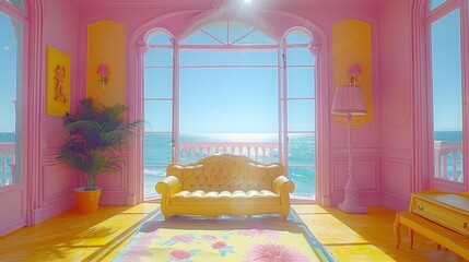 Canvas Print -   A living room featuring pink walls, a yellow couch, and a vast window framing an ocean view