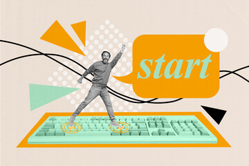 Wall Mural - Creative collage happy energetic mature man superhero start phrase textbox bubble computer keyboard device social media communication