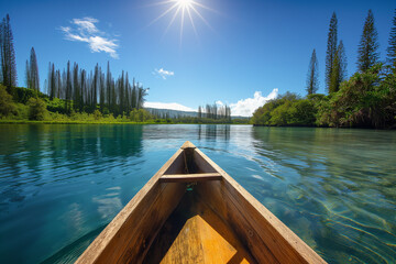  The bow of a wooden canoe navigates through the clear waters of a serene lake, flanked by rugged cliffs and lush greenery under a vibrant blue sky.