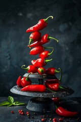 Sticker - Levitating red chili peppers arranged in a vertical line above a dark stand