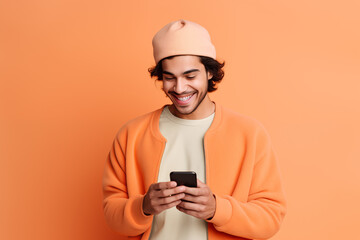 Wall Mural - A cheerful young man with curly hair, wearing a white beanie and orange jacket, is engrossed in his smartphone against a soft orange backdrop.