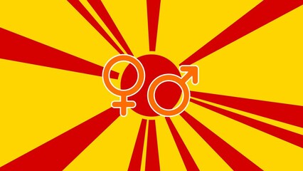 Poster - Gender symbol on the background of animation from moving rays of the sun. Large orange symbol increases slightly. Seamless looped 4k animation on yellow background