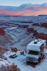 Wall Mural - rv truck in snow field in winter in rugged land.