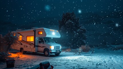 Wall Mural - rv truck in snow field in winter in rugged land.
