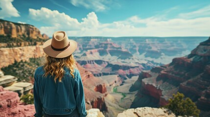 Wall Mural - A female hiker hiking in rugged land with majestic view.