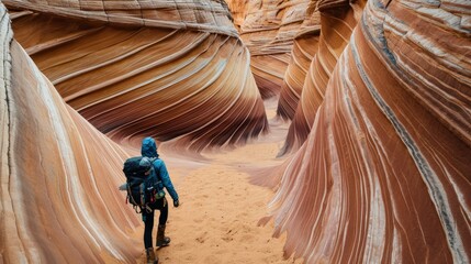 Wall Mural - A hiker hiking in rugged land with majestic view.