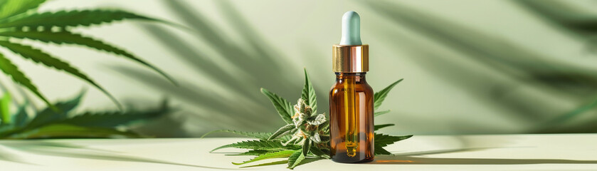 Still life of cannabis leaves and buds with a dropper bottle of CBD oil on a white table against a green background., banner