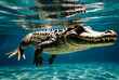 Crocodile floats underwater. Alligator in shallow water looks out of water. Marine life under water in ocean. Observation animal world. Scuba diving adventure in Red sea, coast Africa