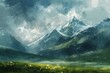 : A brush painted landscape of a mountain range under a stormy sky