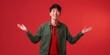 Collection full length handsome asian man lifestyle in green casual outfit on isolated red color background. Young Asian man happy smile in studio. Business online concept realistic stock photography