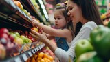Fototapeta Miasto - Happy child with family shopping in a grocery store shopping for food.