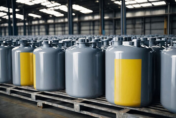 Wall Mural - Close-up of some liquid cans stands on warehouse storage of chemical liquids. Background of storage containers in warehouse. Concept of warehousing and stored of goods. Copy ad text space for poster