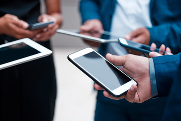 Aufkleber - hands, phone and tablet for collaboration, meeting and corporate discussion or app. businesspeople, 