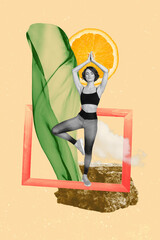 Sticker - Creative trend collage of young female meditate yoga sportswoman frame orange clothes asana athlete balance weird freak bizarre unusual