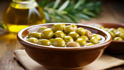 Wall Mural - A bowl of green olives is sitting on a wooden table