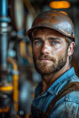 Wall Mural - A confident industrial technician in a hardhat works amid machinery inside a manufacturing plant.