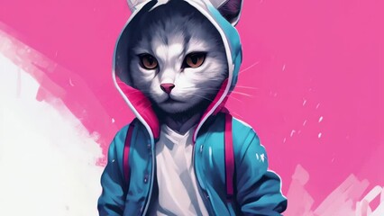 Wall Mural - A cat wearing a hoodie and backpack is the main subject