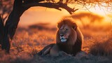 A majestic lion resting under the shade of an acacia tree at sunset