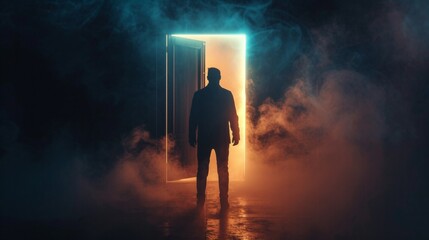 man standing in a glowing bright door with smoke dark background