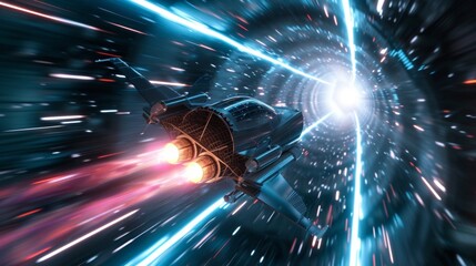 A space ship craft flying time travel light tunnel in space connecting two universe. Fantasy sci-fi.