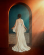 Fantasy mystery silhouette young woman back rear view. Girl walking in room arched doorway full sun rays divine light. Long vintage white dress wide bell sleeves train hem art style photo real person 