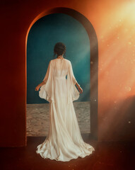 Wall Mural - Fantasy mystery silhouette young woman back rear view. Girl walking in room arched doorway full sun rays divine light. Long vintage white dress wide bell sleeves train hem art style photo real person