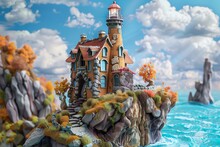 Sculpt The Beauty Of A Lighthouse On A Cliff With Colored Clay, Embodying A Unique Perspective Convey A Sense Of Grandeur And Adventure With Intricate Details