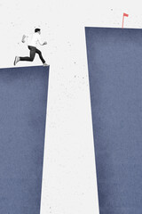 Wall Mural - vertical creative collage poster young running man ready jump overcome abyss reach goal target finis