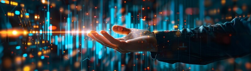 Poster - Businessman Accessing Real time Holographic Data Insights on His Hand Highlighting Technology s Transformative Role in Data driven Decision Making