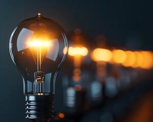 Poster - A Single Bright Bulb Stands Out In a Row of Ordinary Illumination Representing a Breakthrough Idea or Innovative Solution