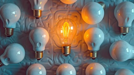 Poster - Uniquely Bright Idea Among Regular Light Bulbs Emphasizing Innovation and Creativity in a Patterned Arrangement