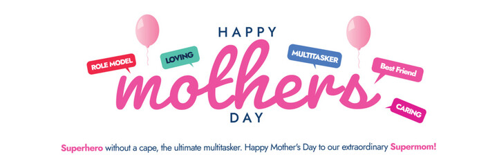 Wall Mural - Happy Mothers day. 15th May mothers day 2024 celebration cover banner, social media post, card design with typography, balloons. Simple and minimal mothers day banner, card, conceptual post.