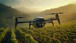 A drone equipped with AI technology flies over a vineyard, showcasing the fusion of automation and viticulture in a stunning detail