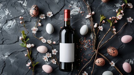 Festive Elegance: Wine Bottle Amidst Spring Blooms and Easter Eggs