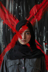 Wall Mural - A woman wearing hijab with a red cross painted on her face, a rejection