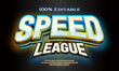 ”Speed LEAGUE” Editable title logo text style effect that looks like a three-dimensional neon sign with Light blue, blue and yellow gradation gradation lines on the side, sans serif typeface
