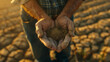 Close-up of a handful of dry earth in the hands of an elderly man. The ground is dusty and the farmer is looking at it. The concept of global warming and drought
